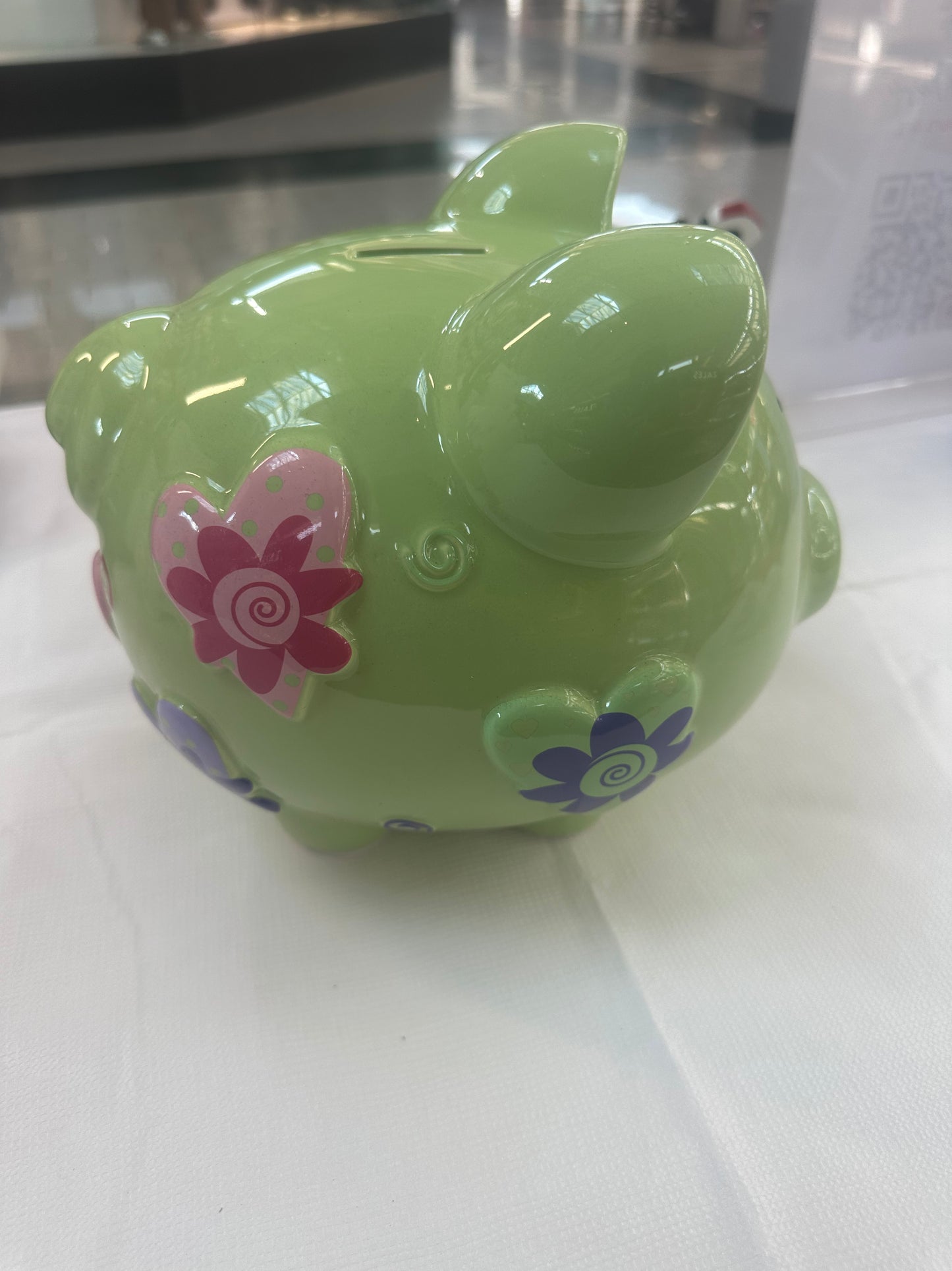 Colorfully Designed Large Green Piggy Bank with Flowers