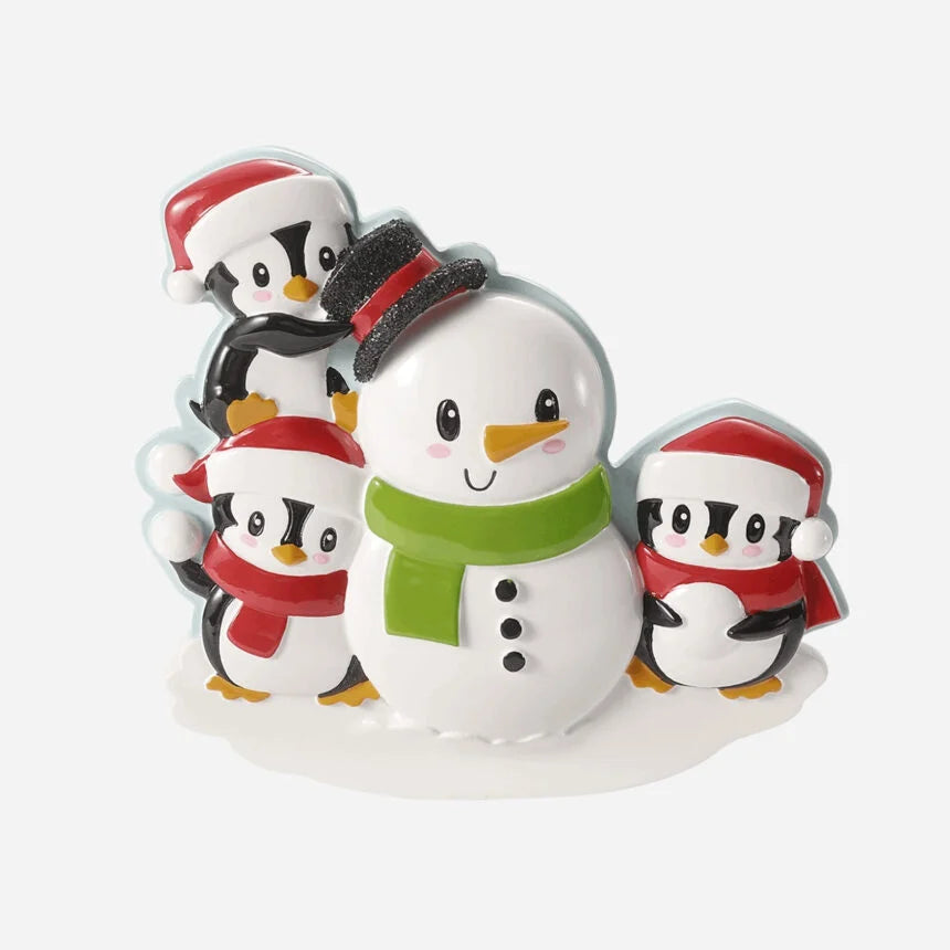 Penguins Building a Snowman Family Christmas Ornaments