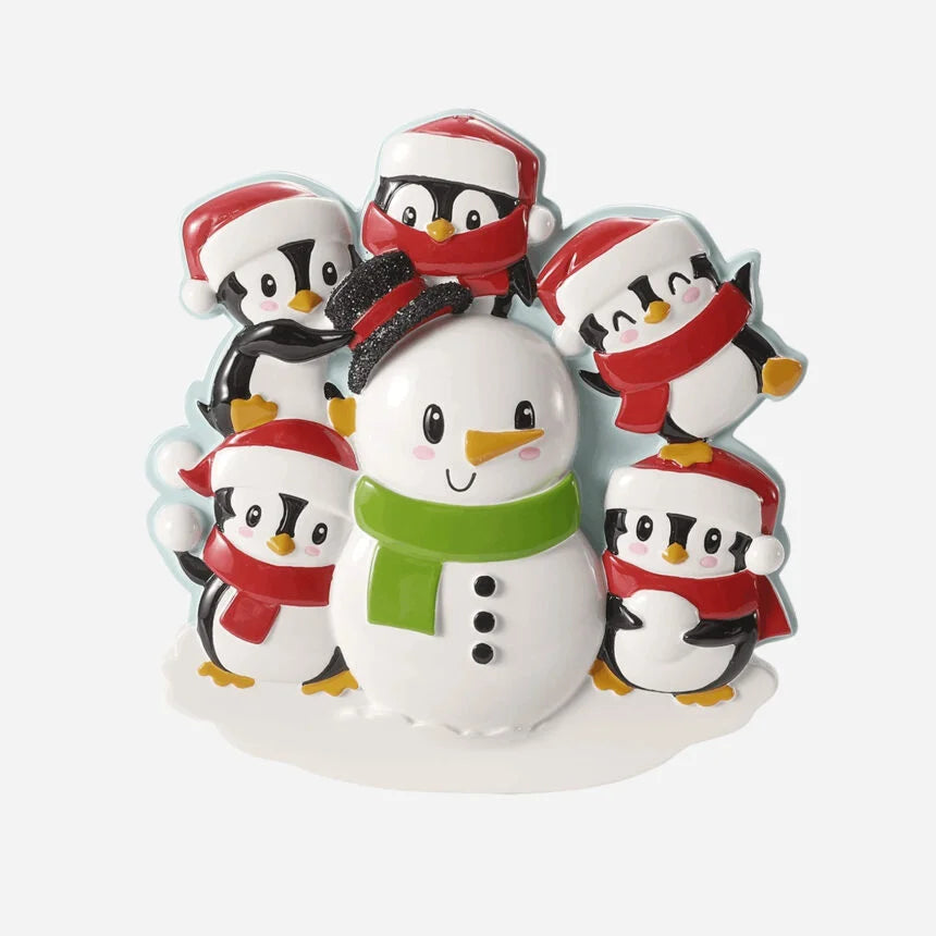 Penguins Building a Snowman Family Christmas Ornaments