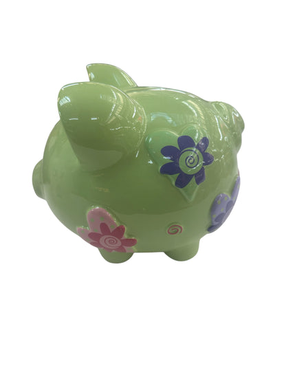 Colorfully Designed Large Green Piggy Bank with Flowers