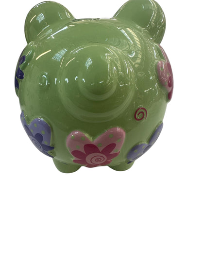 Colorfully Designed Large Green Piggy Bank with Flowers