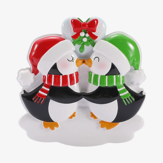 Cute Mistletoe with Kissing Penguins Couple Christmas Ornament